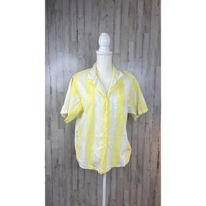 Dunloggin Women's‎ 14 Yellow Striped  Short Sleeve Linen Blend Button-Up Shirt